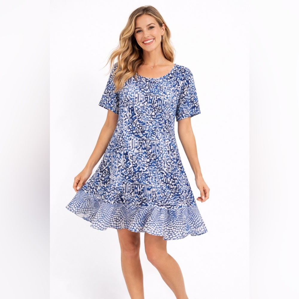 Bali Batiks Blue White Abstract Rayon Resort Dress Medium Cruise Resort Summer